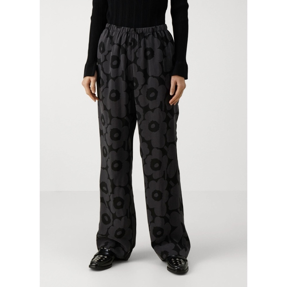 New Marimekko Moreski Unikko Cupro Printed Wide Leg Pants Black XS
